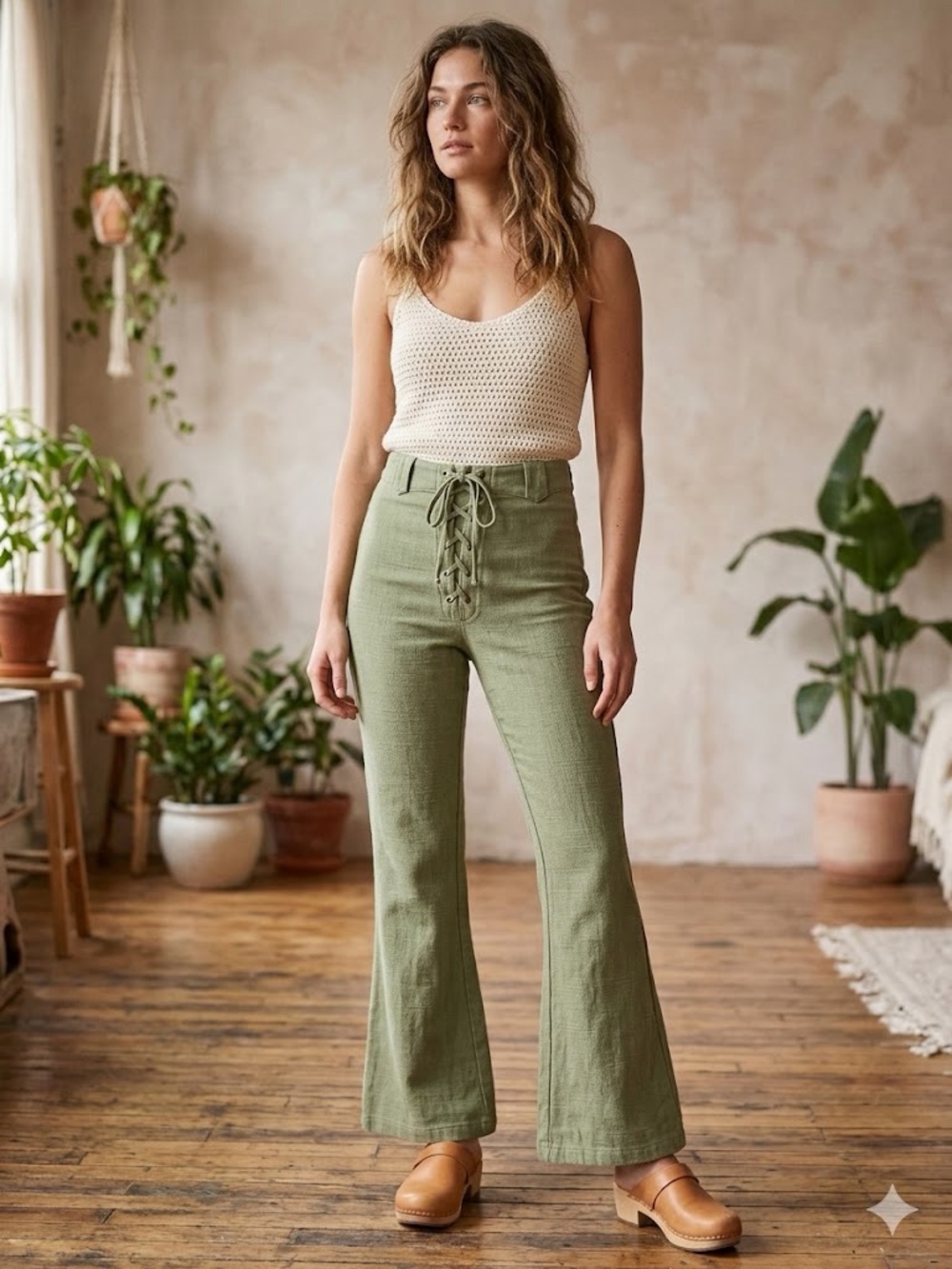 Golden Brown The Label Green Lace Up Front Flare Textured Pants XS Cotton Retro